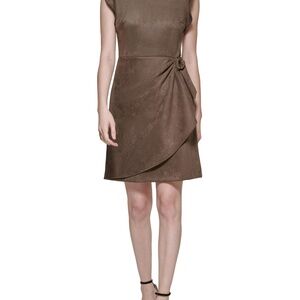 DKNY BROWN FAUX- SUEDE FLUTTER SLEEVE FAUX- WSRAP SHEATH DRESS